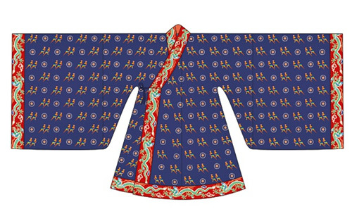 明朝服饰:明朝皇后礼服详解_比利网 珠翠面花、珠排环、皁罗额子 《明会典》记载:珠翠面花五事;珠排环一对;皁罗额子一,描金龙文,用珠二十一颗。珠翠面花是皇后贴在脸部的饰物,也是参考了宋代制度,共有五件(五事):一件贴于额部,正中为一颗大珠,周围有四颗小珠,间缀翠叶四片;二件贴于两靥,各嵌一颗大珠,缀翠叶五片;二件分别贴在左右眉梢末端靠近发际处,以六颗珍珠连排,缀翠叶十二片。万历慈圣太后冠服中有珠翠面花二副,计十八件(《明实录》,下同)。珠翠面花的使用在宋代皇后画像中可以见到,明代前期皇后因无礼服画像传世,故珠翠面花的使用情况无